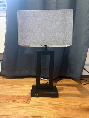 Modern Rectangular Table Lamp with Gray Shade and Black Base